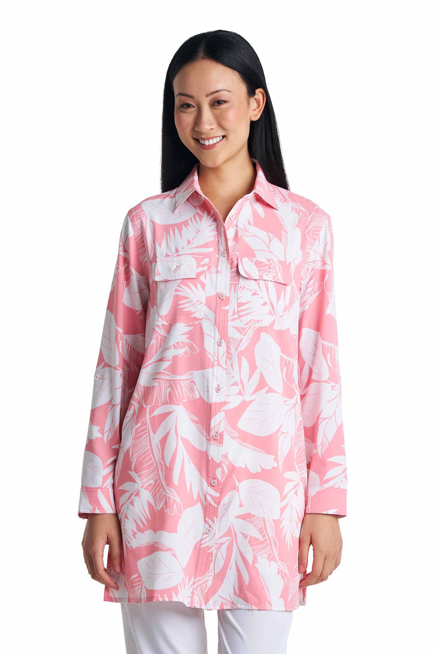 Women's Santorini Tunic Shirt | Flamingo Pink Palm Paradise