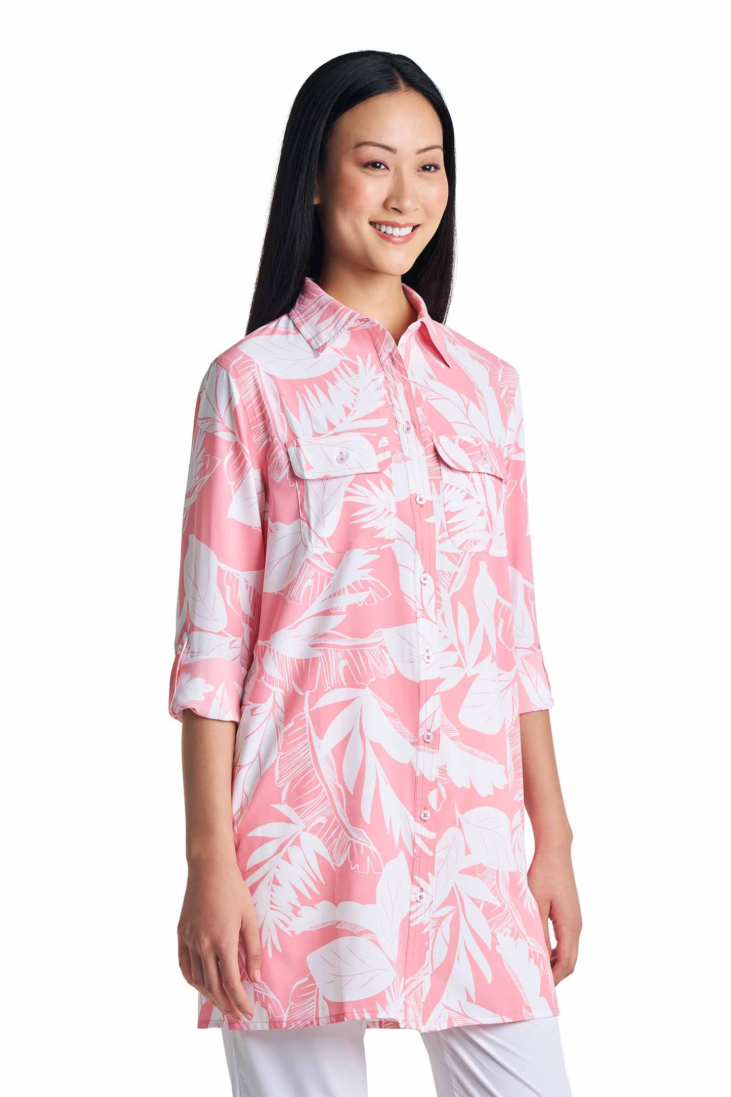 Women's Santorini Tunic Shirt | Flamingo Pink Palm Paradise