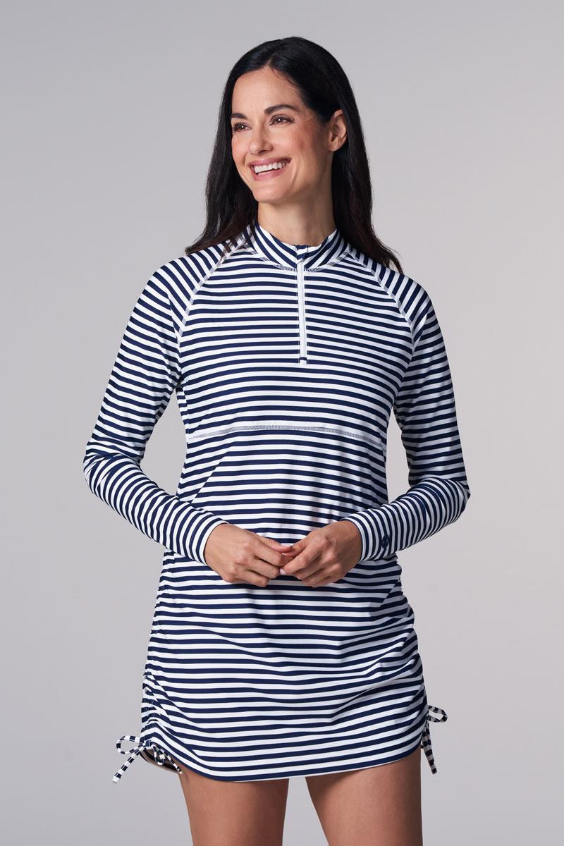 Women's Lawai Ruche Swim Shirt | White/Navy Stripe