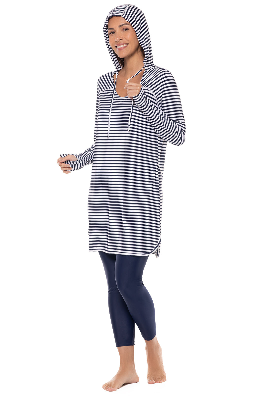Women's Seacoast Hoodie Cover-Up Dress | White/Navy Stripe