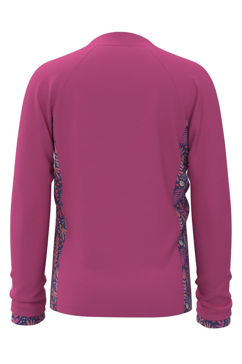 Kid's Wavechaser Zippy Rash Guard | Tulip Pink Blooming Forest