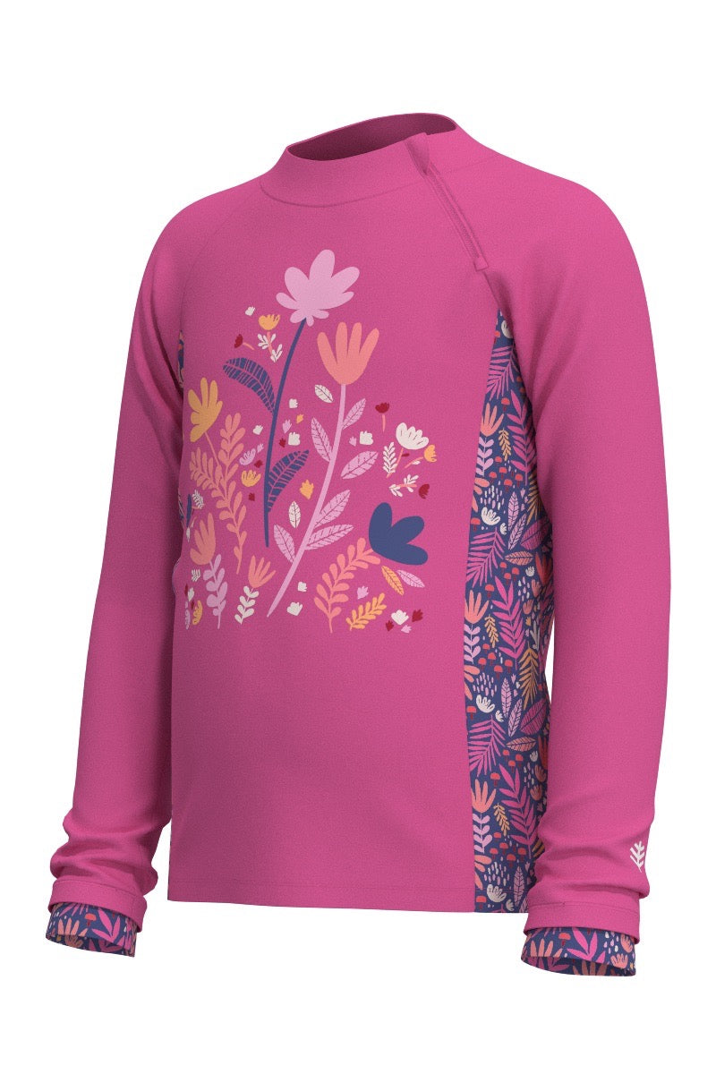 Kid's Wavechaser Zippy Rash Guard | Tulip Pink Blooming Forest