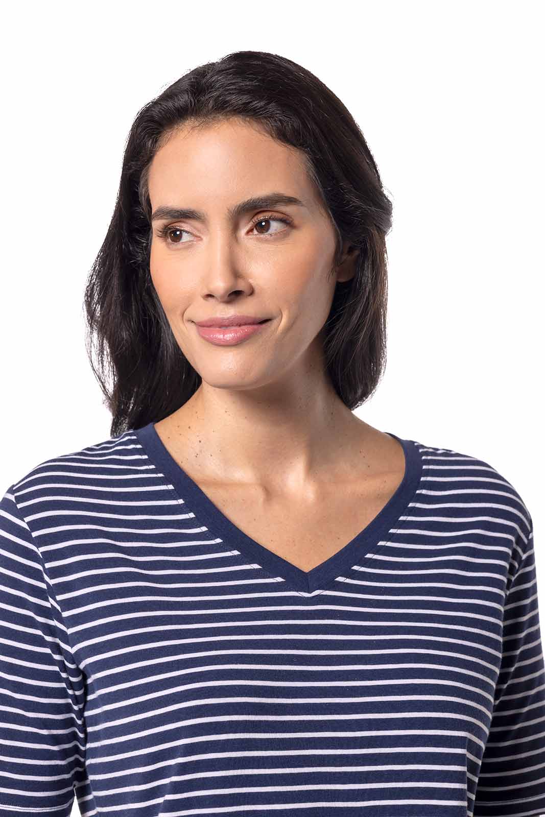 Women's Morada Everyday Short Sleeve V-Neck T-Shirt | Navy/White Stripe