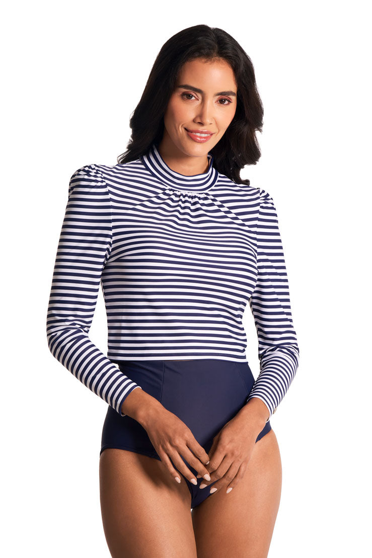 Women's Toscana Puff Sleeve Swim Top | White/Navy Stripe
