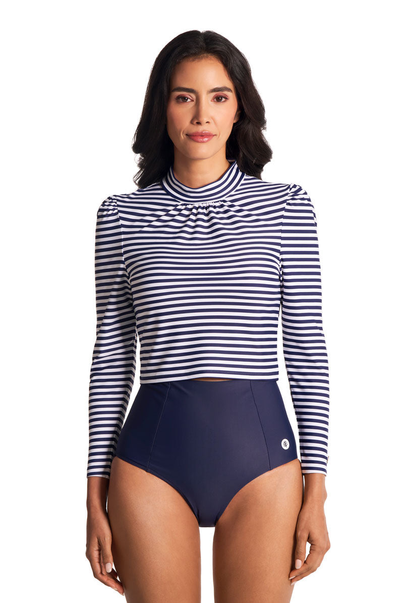 Women's Toscana Puff Sleeve Swim Top | White/Navy Stripe