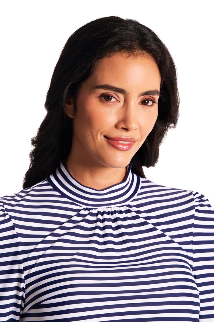 Women's Toscana Puff Sleeve Swim Top | White/Navy Stripe
