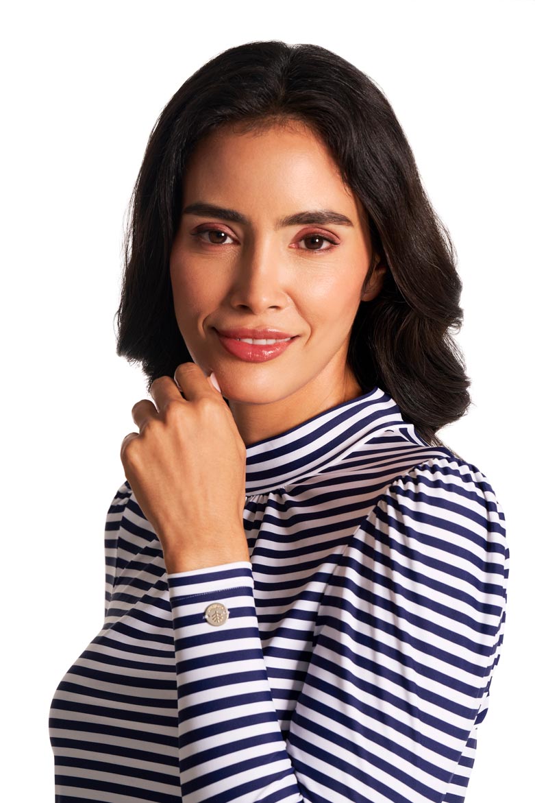 Women's Toscana Puff Sleeve Swim Top | White/Navy Stripe