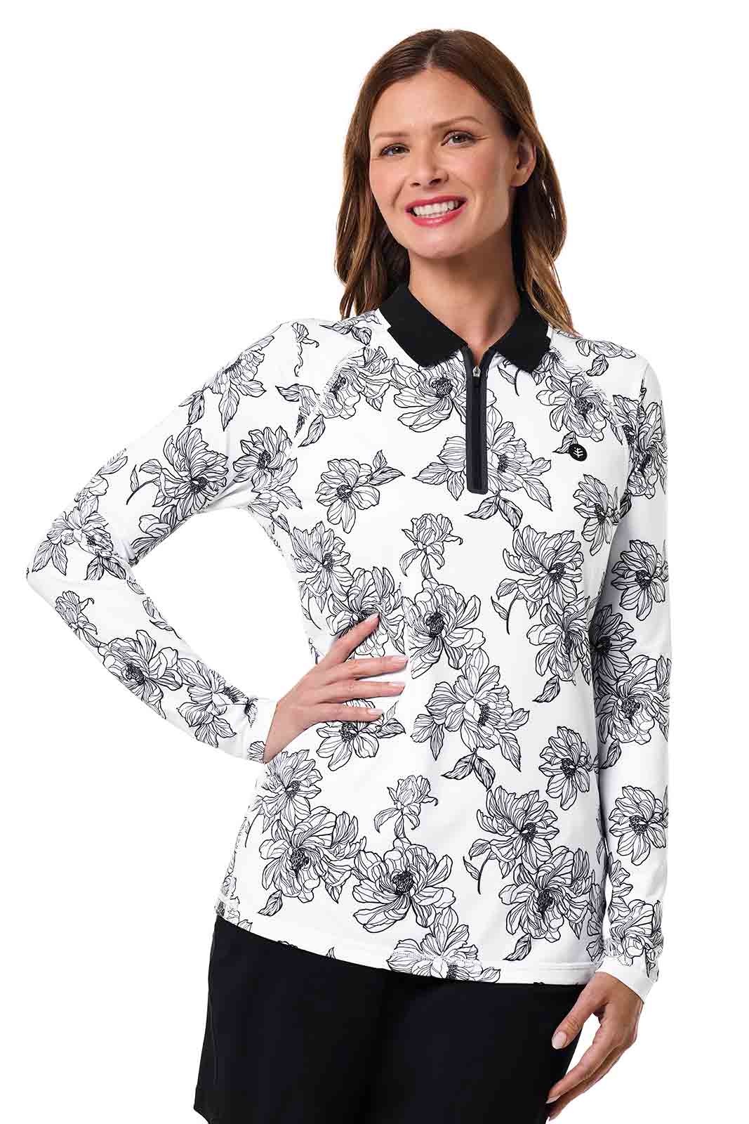 Women's Victory Lap Long Sleeved Golf Polo | White/Black Perfect Peony