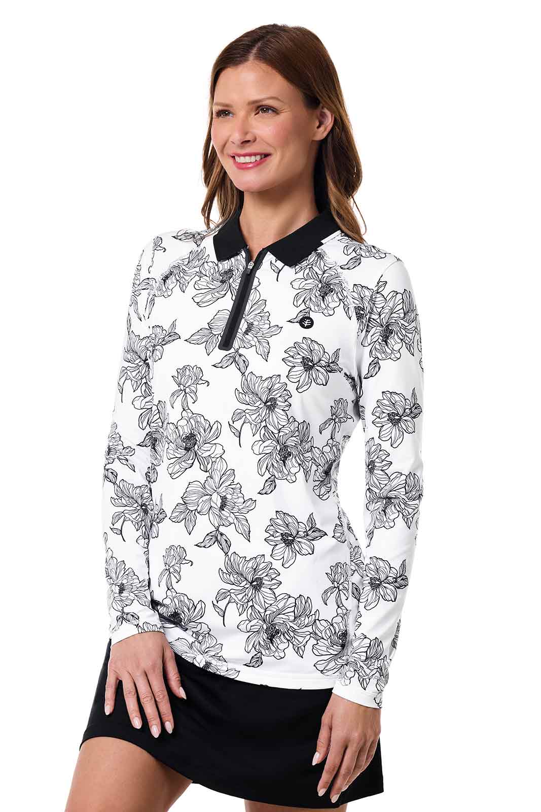 Women's Victory Lap Long Sleeved Golf Polo | White/Black Perfect Peony