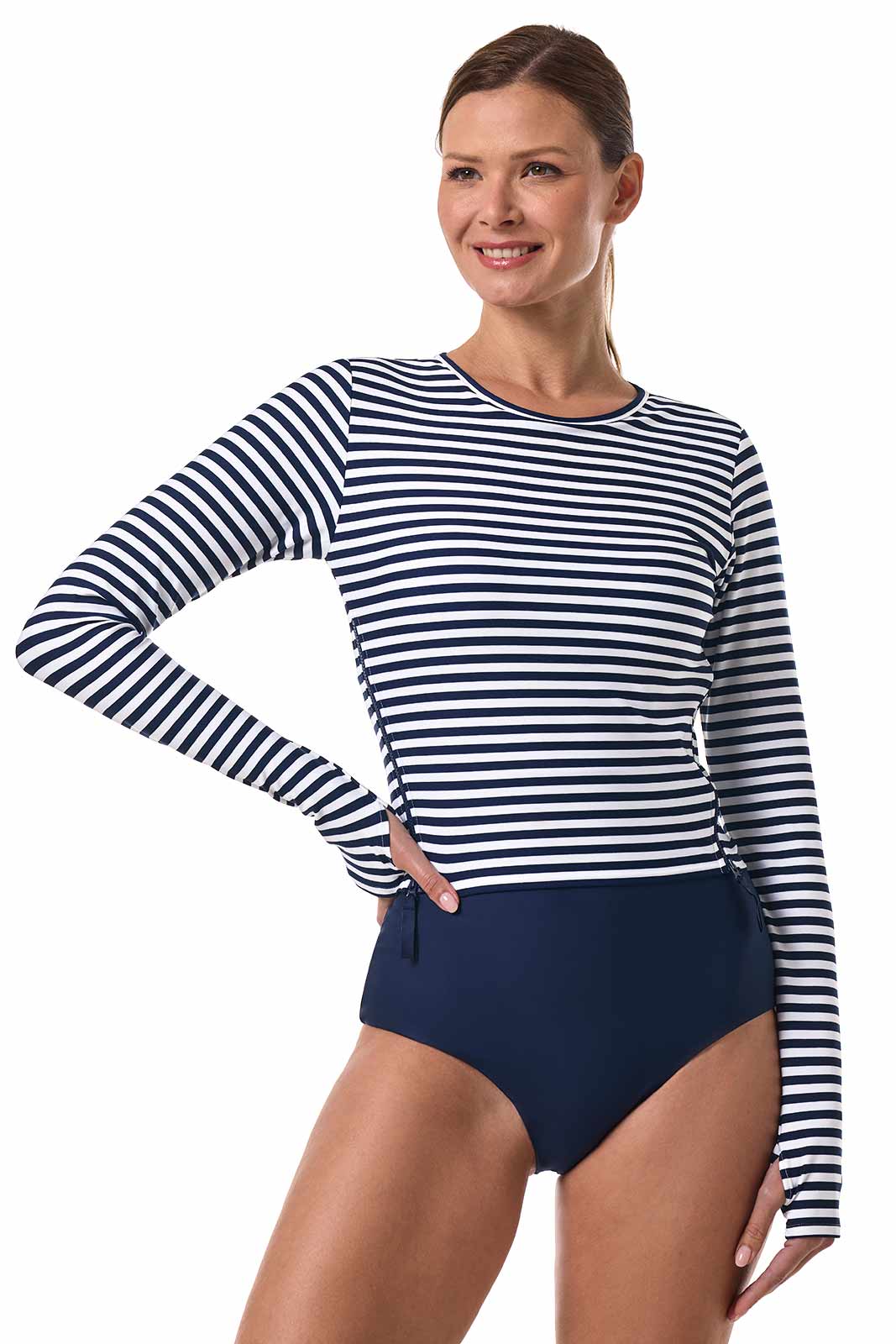 Women's Bayfront Rash Guard Bra Top | White/Navy Stripe