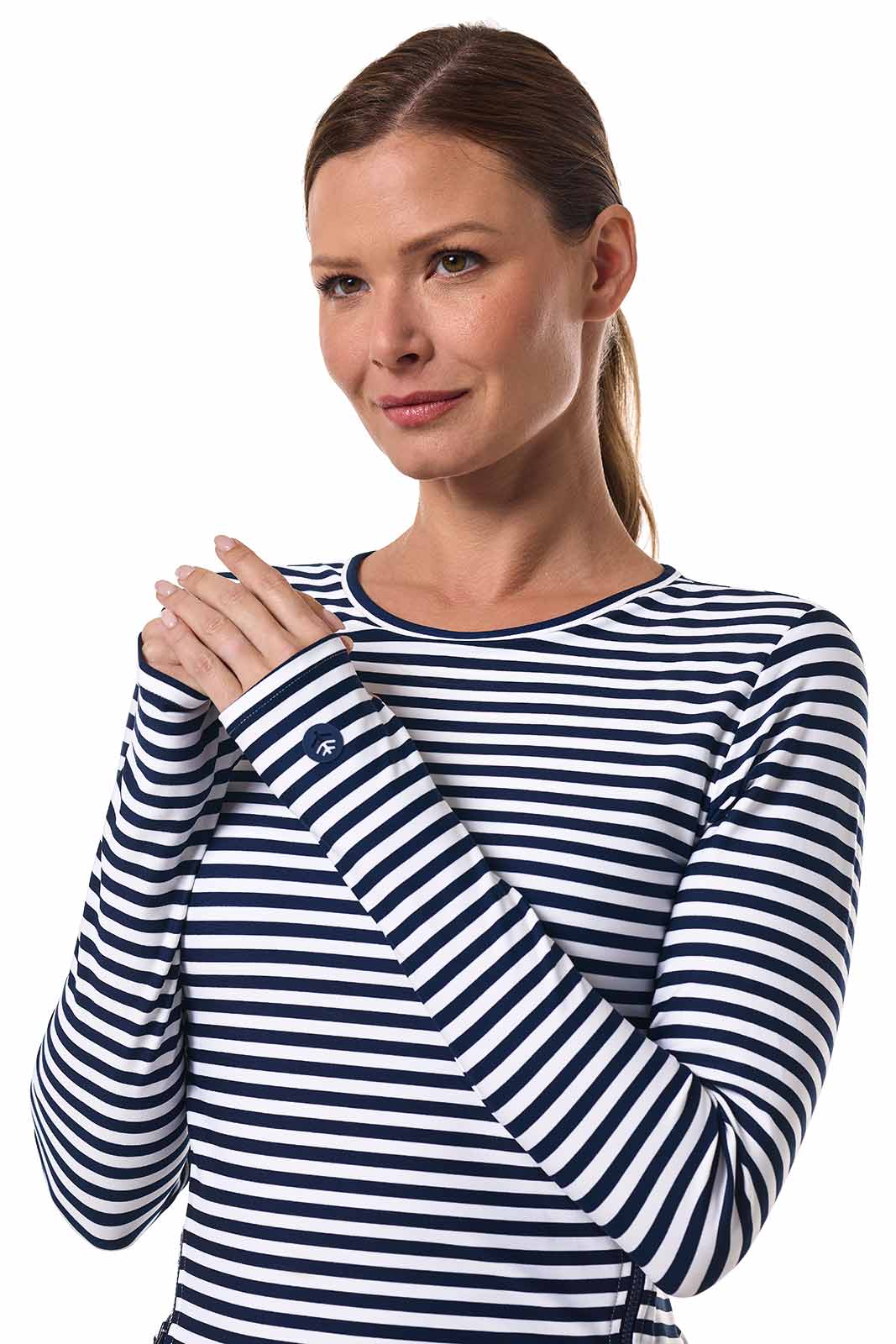 Women's Bayfront Rash Guard Bra Top | White/Navy Stripe