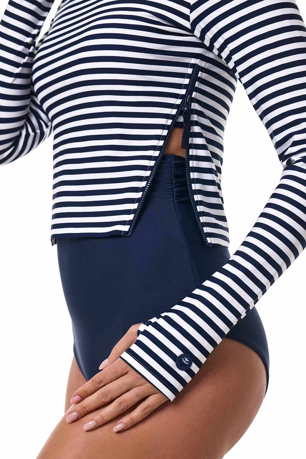 Women's Bayfront Rash Guard Bra Top | White/Navy Stripe