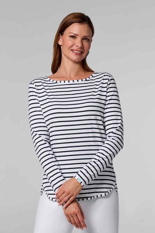 Women's Heyday Side Split Shirt | White/Navy Stripe