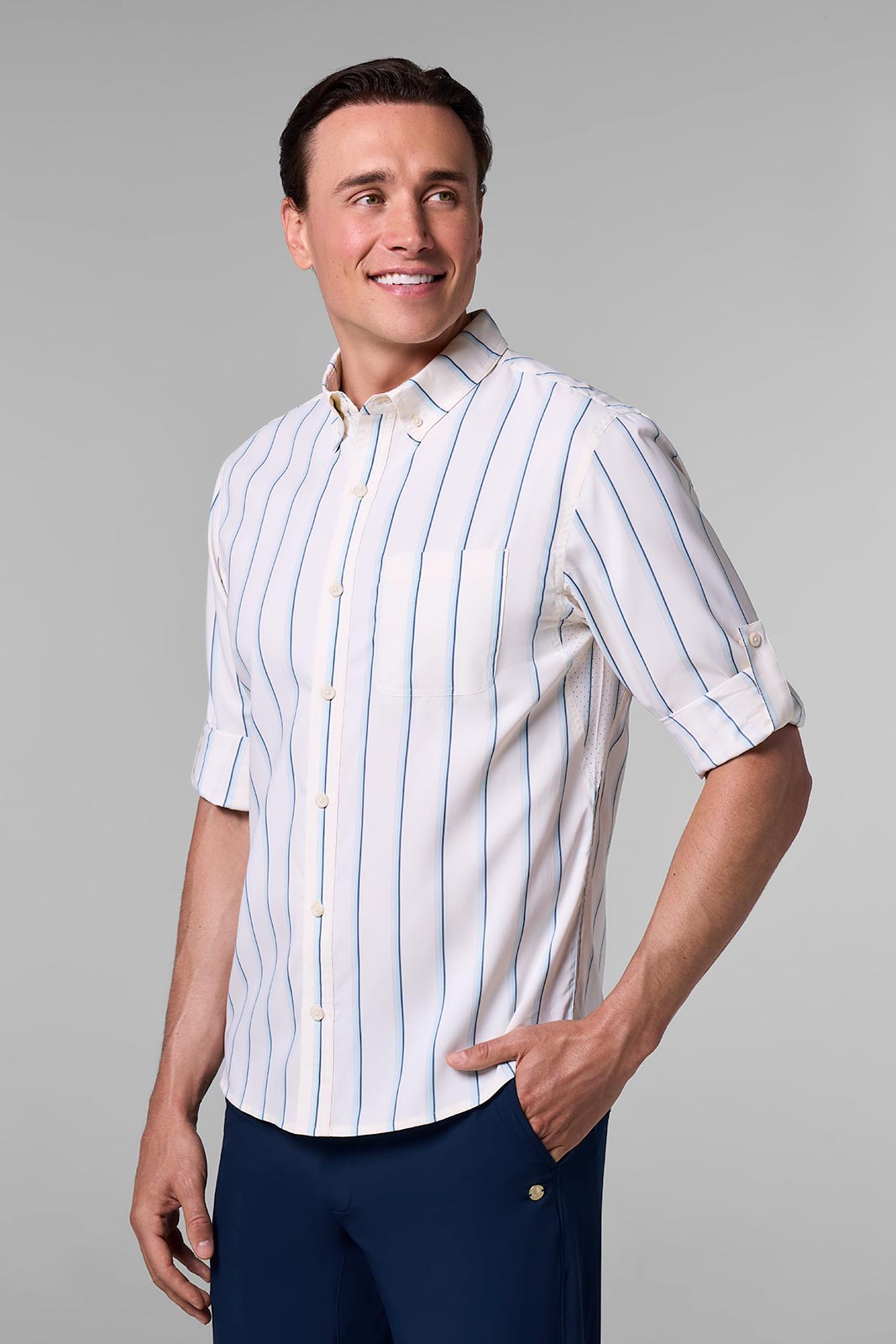 Men's Aricia Long Sleeve Sun Shirt | Pearl/Skyride Vertical Stripe