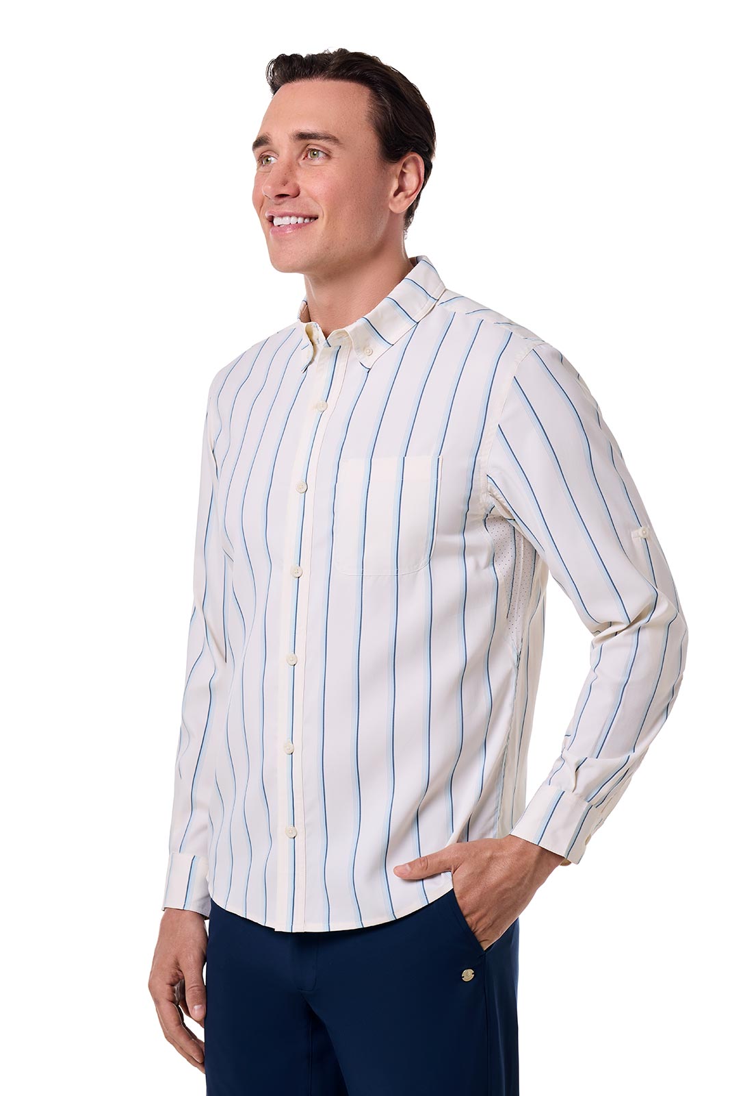 Men's Aricia Long Sleeve Sun Shirt | Pearl/Skyride Vertical Stripe