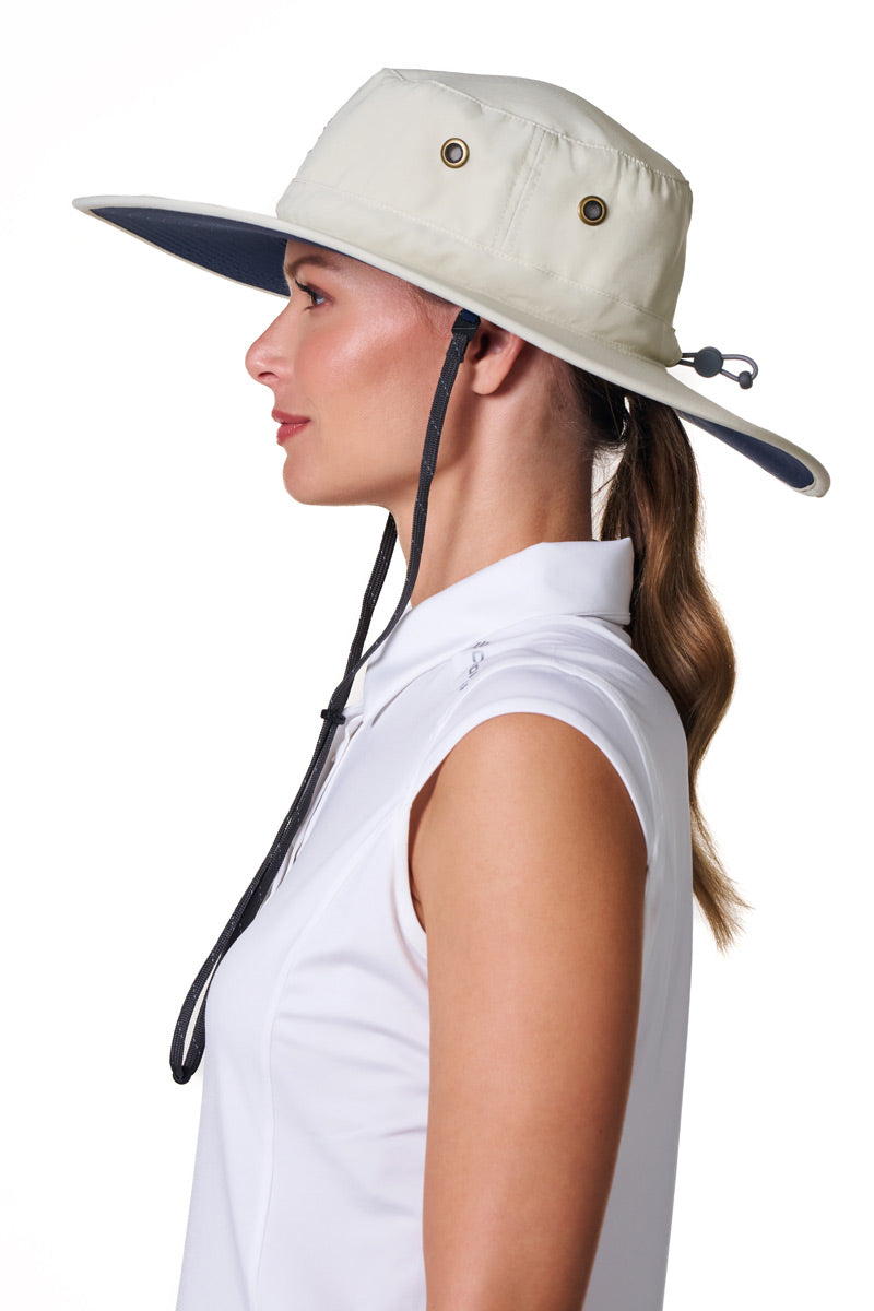 Unisex Leo Shapeable Wide Brim Hat| Stone/Navy