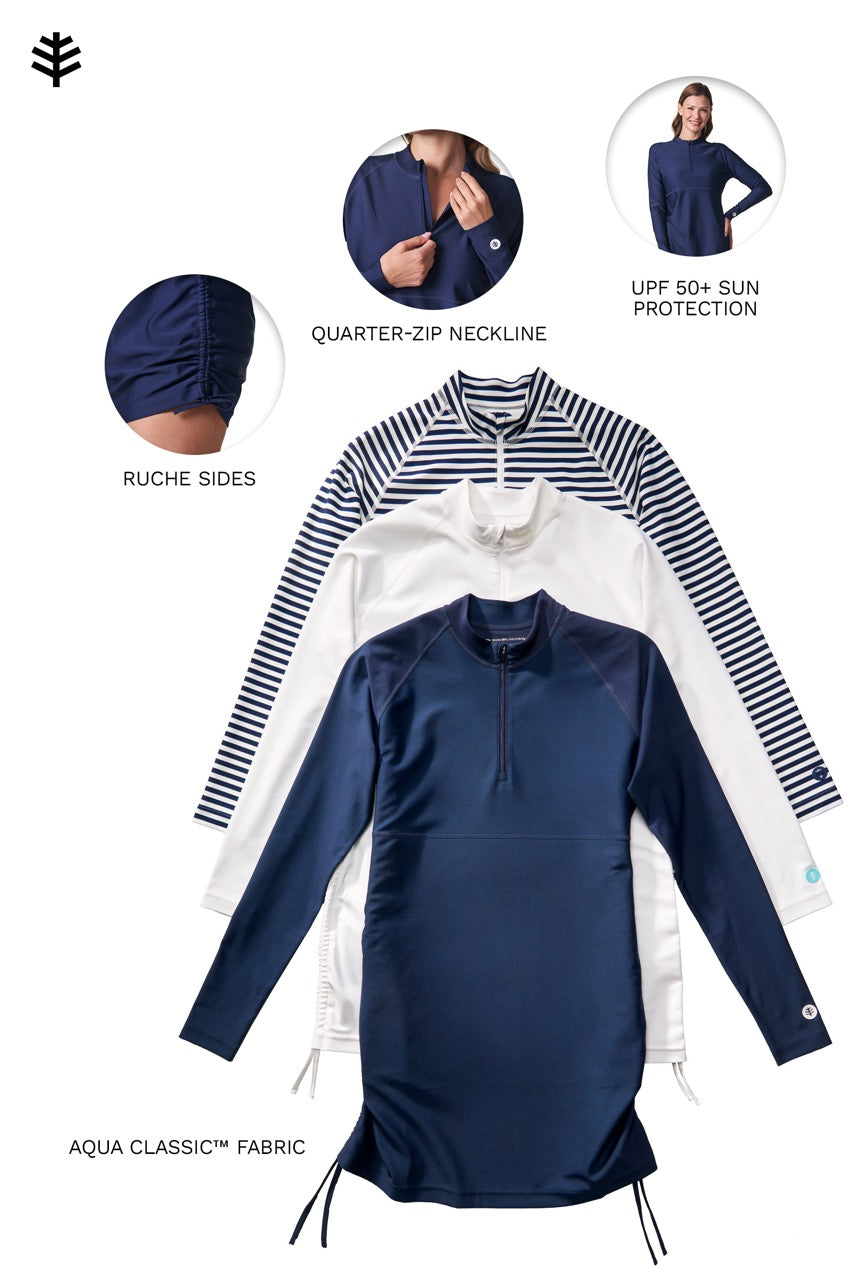 Women's Lawai Ruche Swim Shirt | White/Navy Stripe