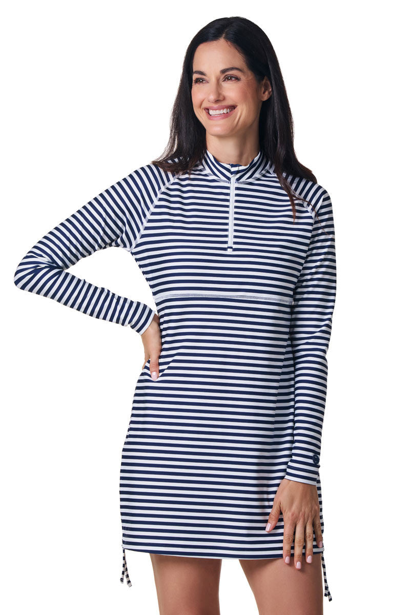 Women's Lawai Ruche Swim Shirt | White/Navy Stripe