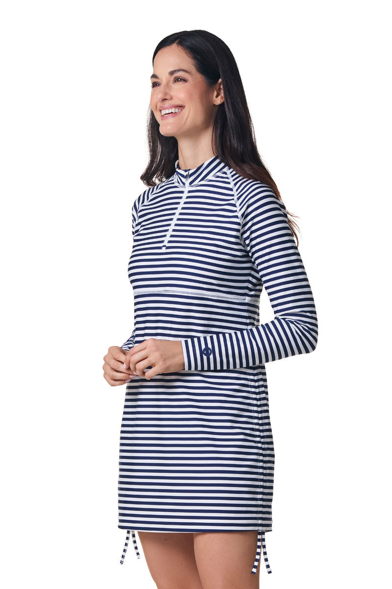 Women's Lawai Ruche Swim Shirt | White/Navy Stripe