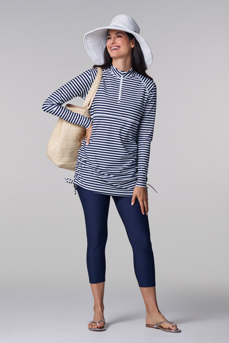 Women's Lawai Ruche Swim Shirt | White/Navy Stripe