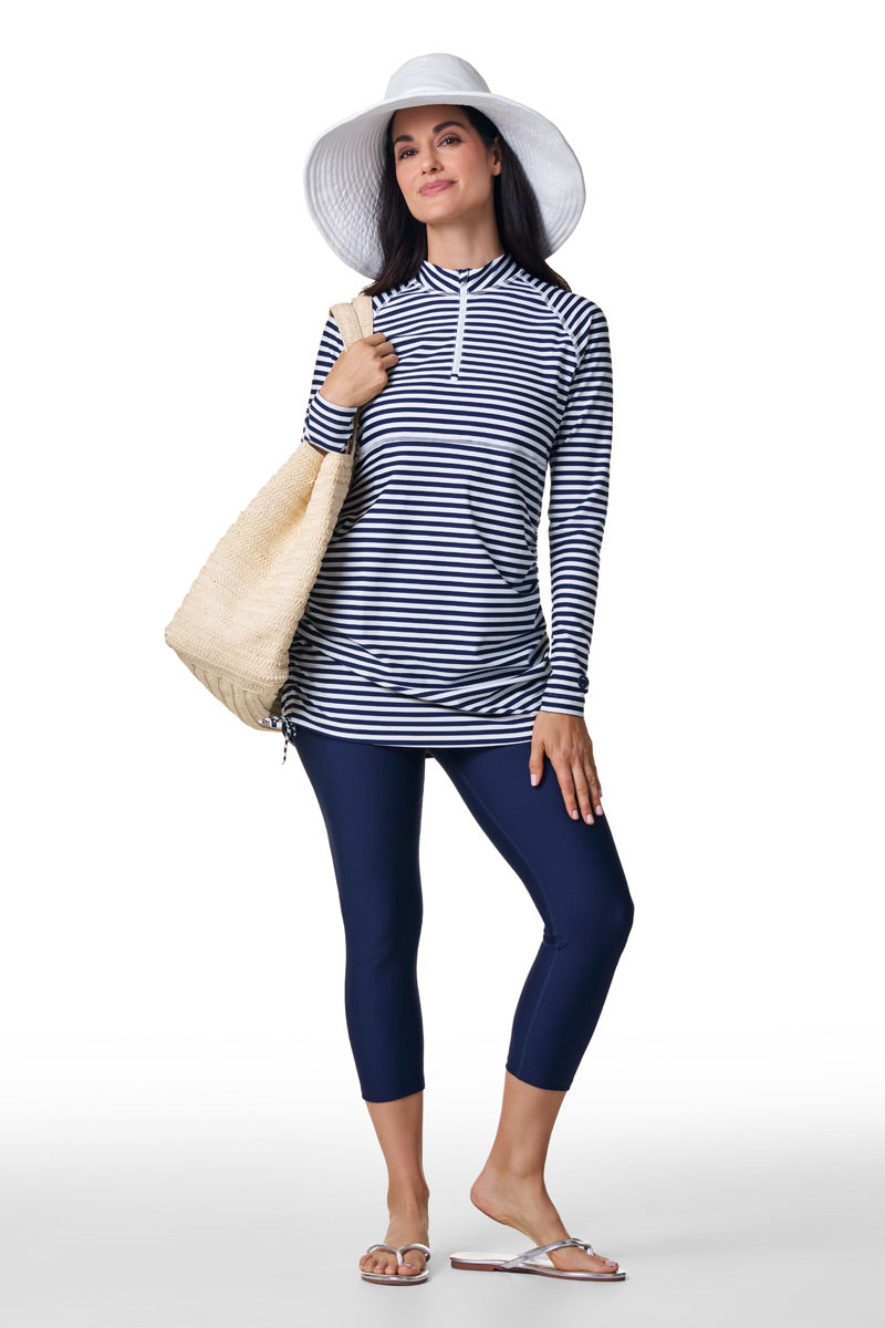 Women's Lawai Ruche Swim Shirt | White/Navy Stripe