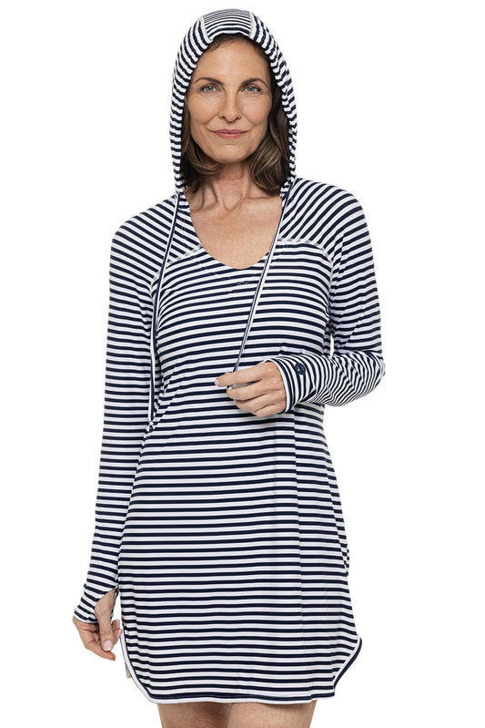 Women's Seacoast Hoodie Cover-Up Dress | White/Navy Stripe