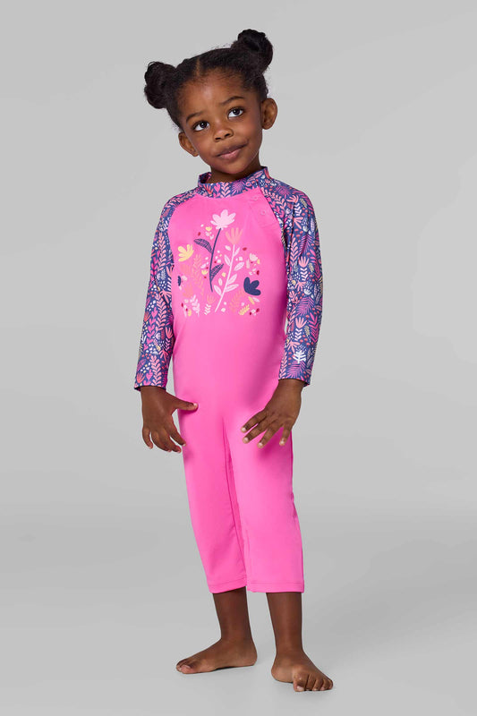 Kid's Beach One-Piece Swimsuit | Tulip Pink Blooming Forest