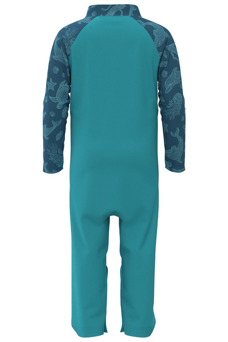 Kid's Beach One-Piece Swimsuit | Blue Curacao Swimming Turtle