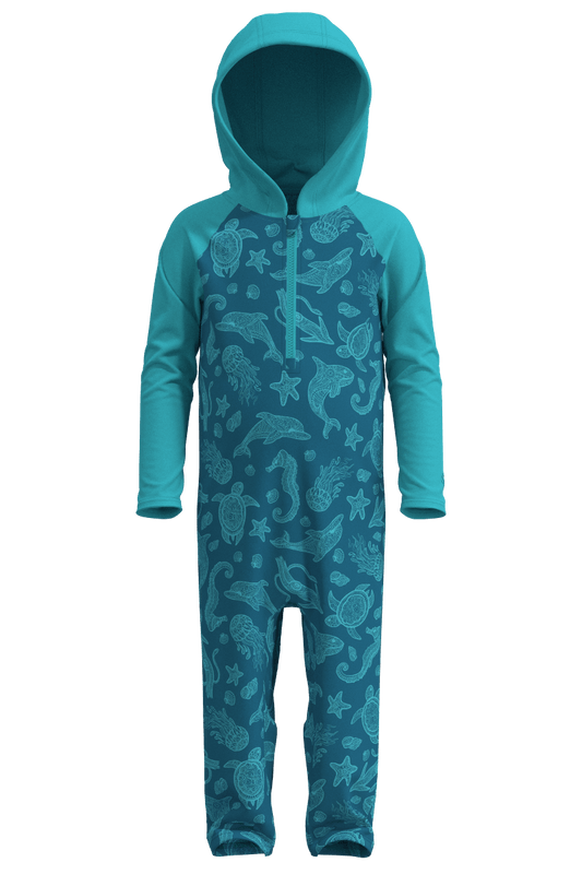 Baby Finn Hooded One-Piece Swimsuit | Blue Curacao Colorblock | April