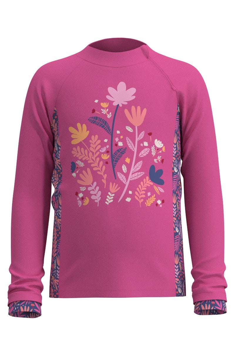 Kid's Wavechaser Zippy Rash Guard | Tulip Pink Blooming Forest