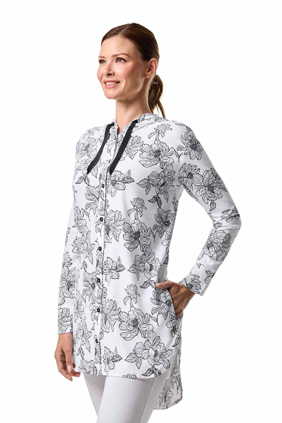 Women's Palma Aire Beach Shirt | White/Black Perfect Peony