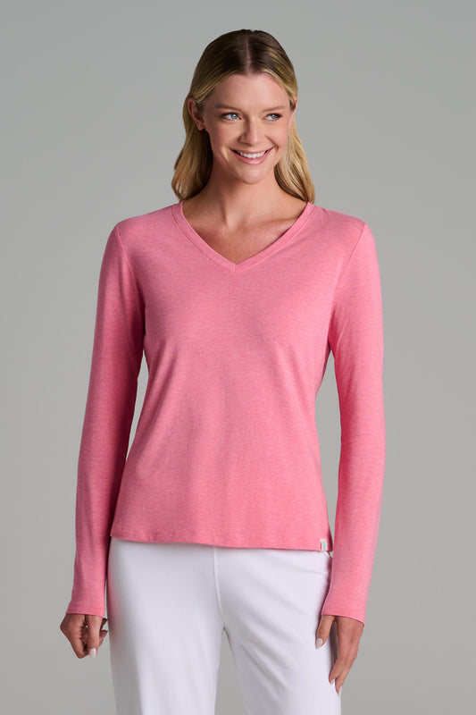Women's Morada Everyday Long Sleeve V-Neck T-Shirt | Flamingo Pink Heather