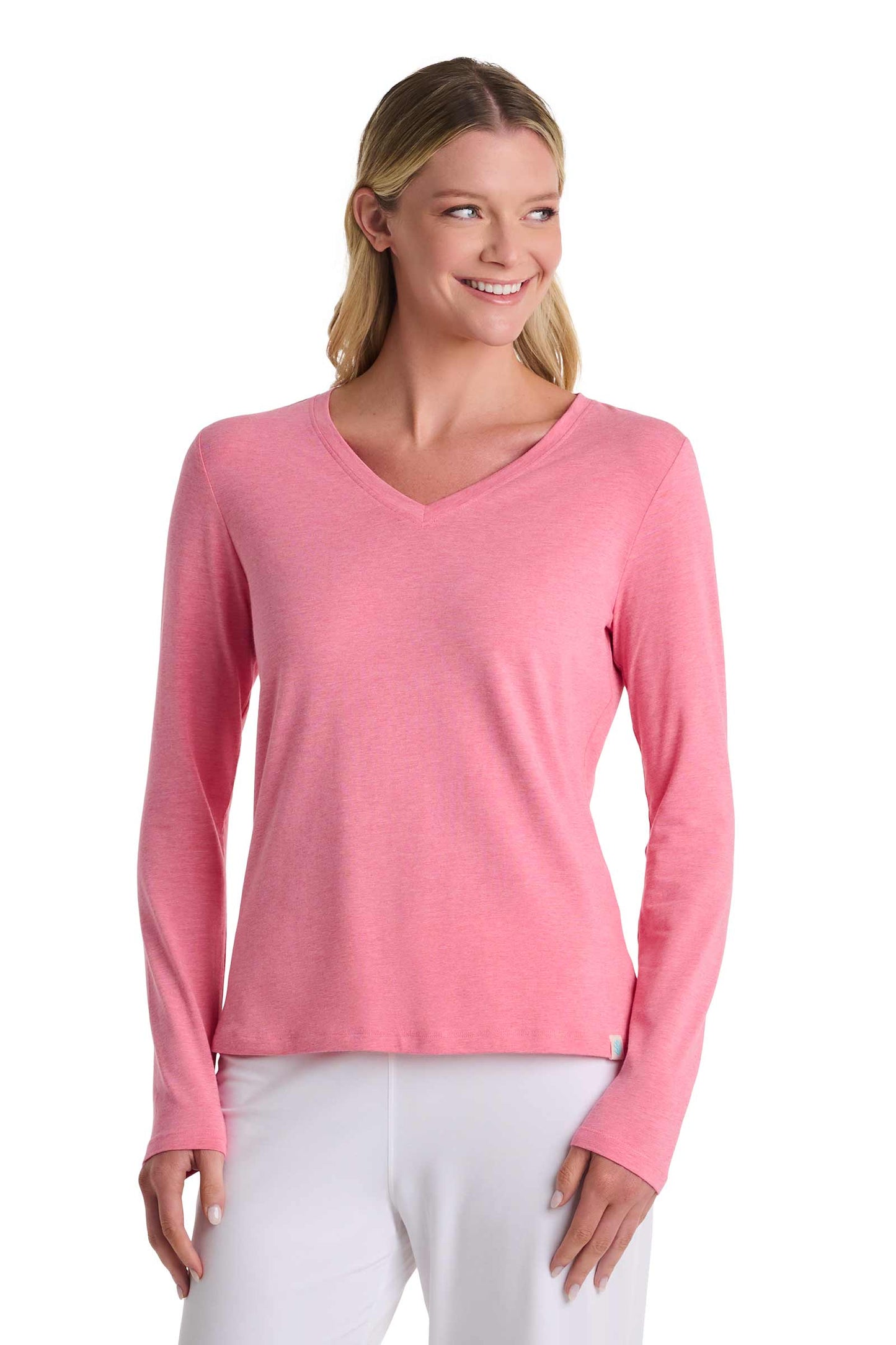 Women's Morada Everyday Long Sleeve V-Neck T-Shirt | Flamingo Pink Heather