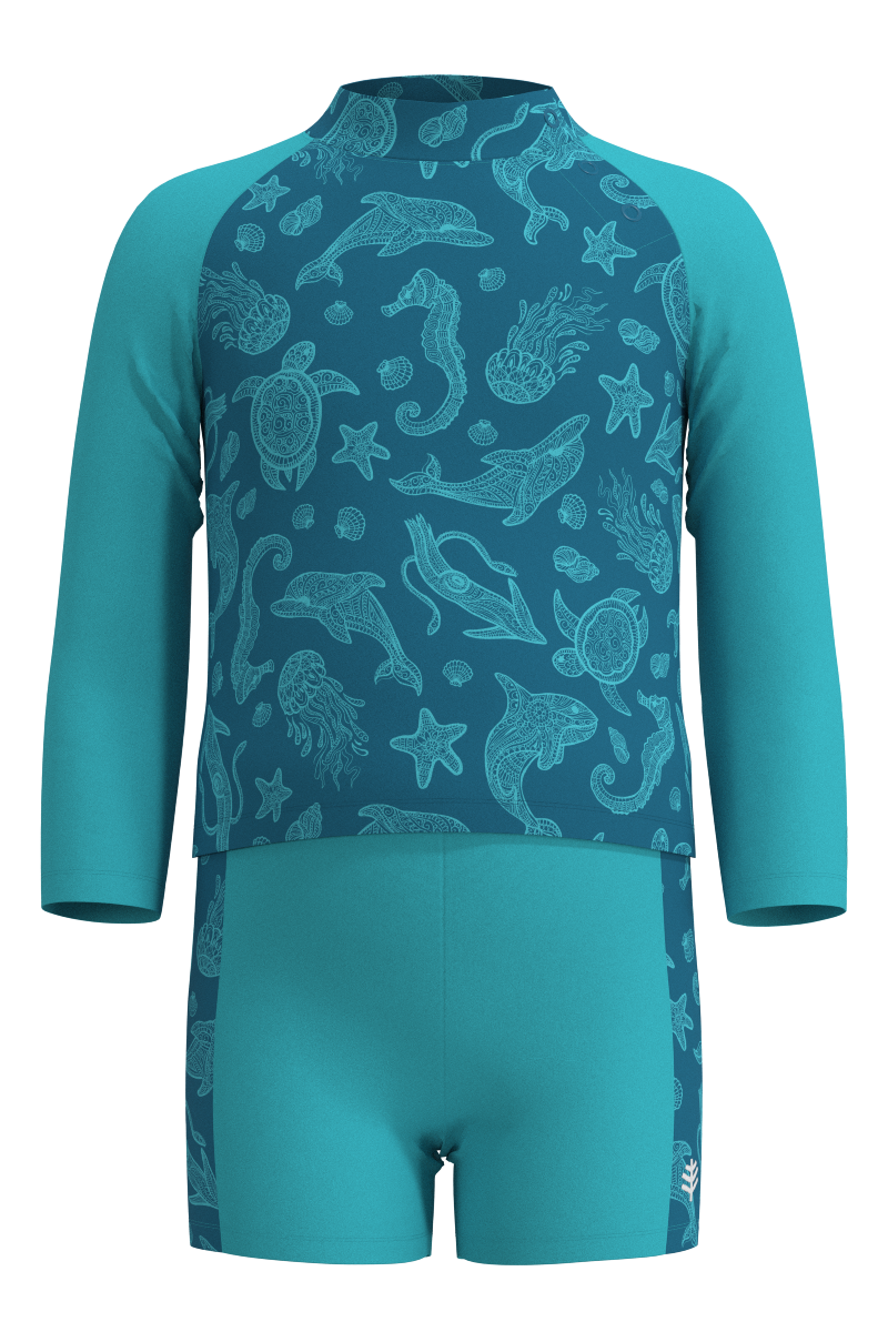 Kid's Wave Rash Guard Set | Blue Curacao Happy Pelican