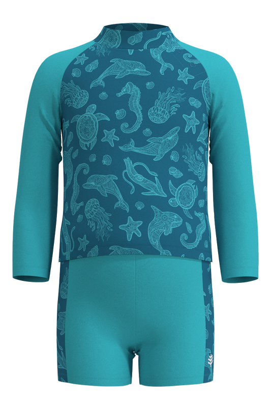 Kid's Wave Rash Guard Set | Blue Curacao Happy Pelican