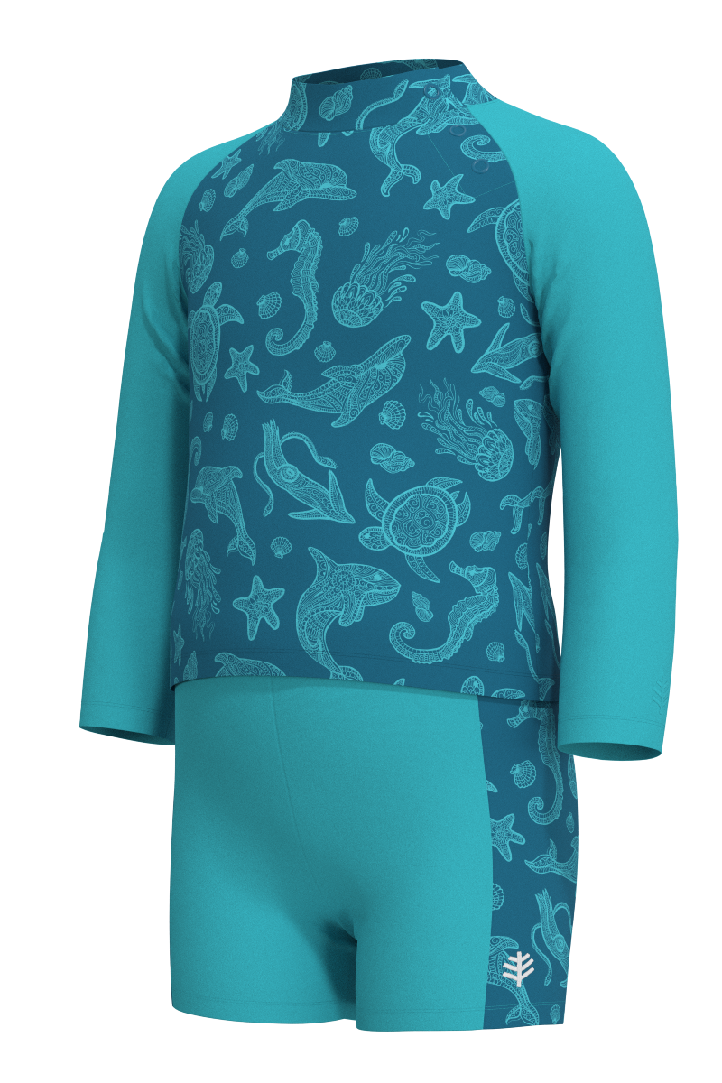 Kid's Wave Rash Guard Set | Blue Curacao Happy Pelican