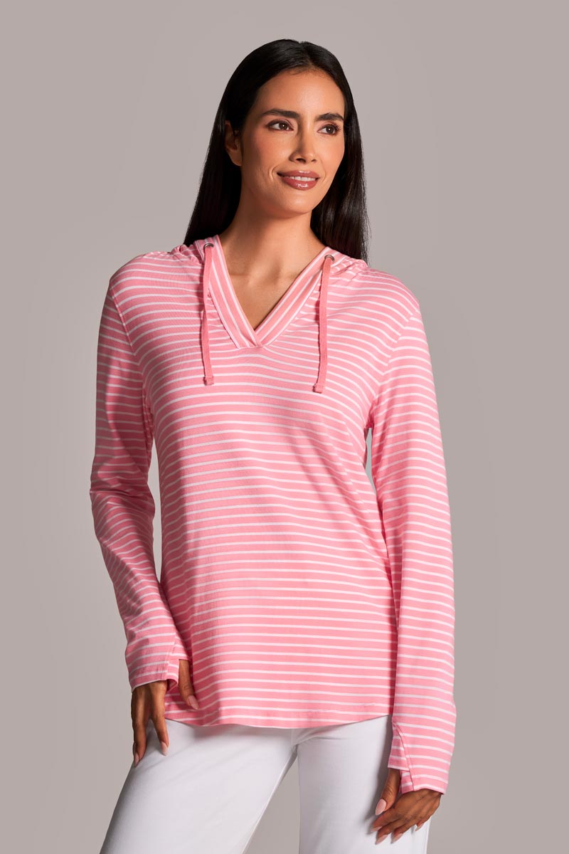 Women's Catalina Hoodie Tunic Top | Flamingo Pink/White Stripe