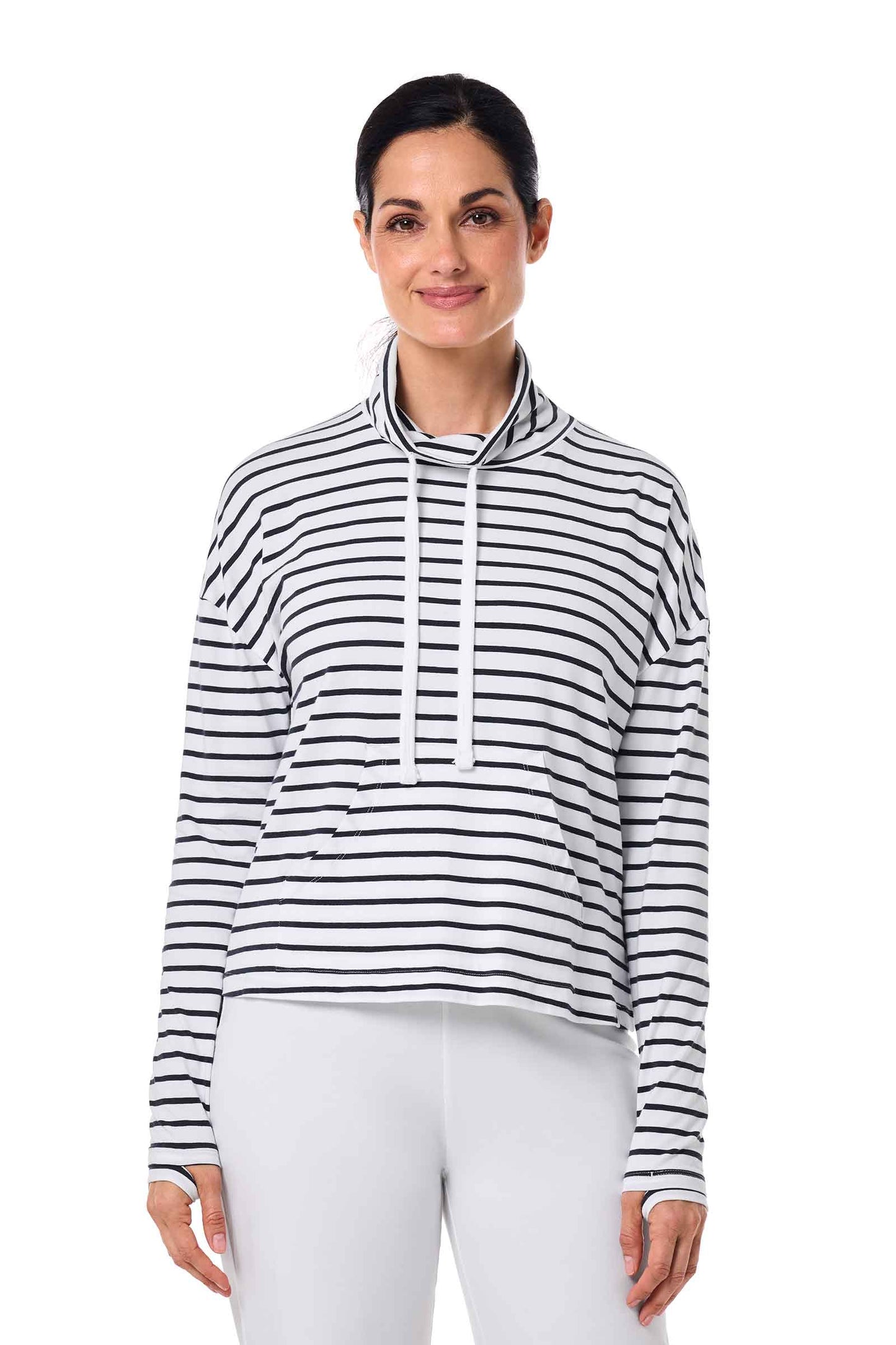 Women's Solana Mock Neck Pullover | White/Navy Stripe