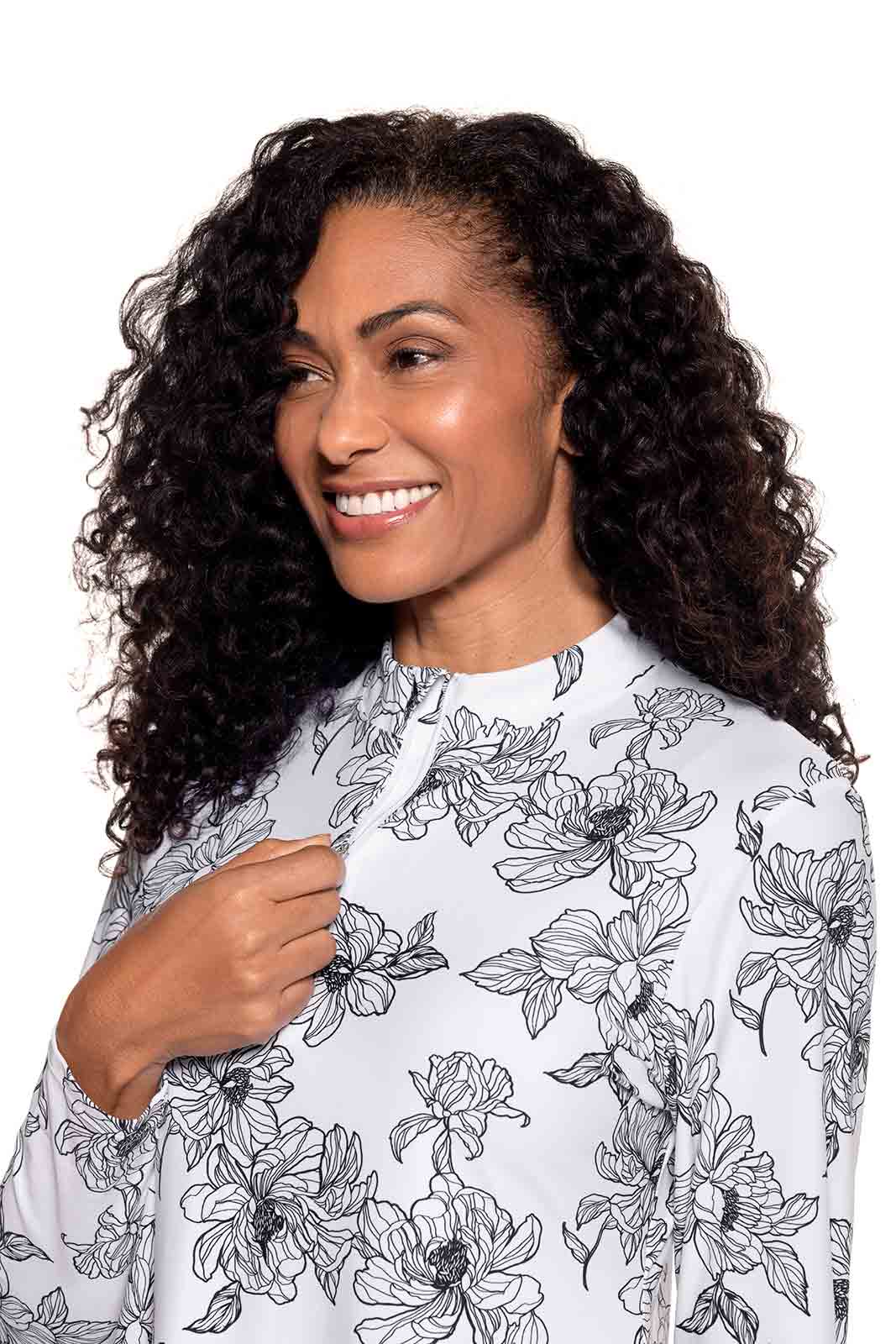 Women's Key Biscayne Ruche Swim Top | White/Black Perfect Peony