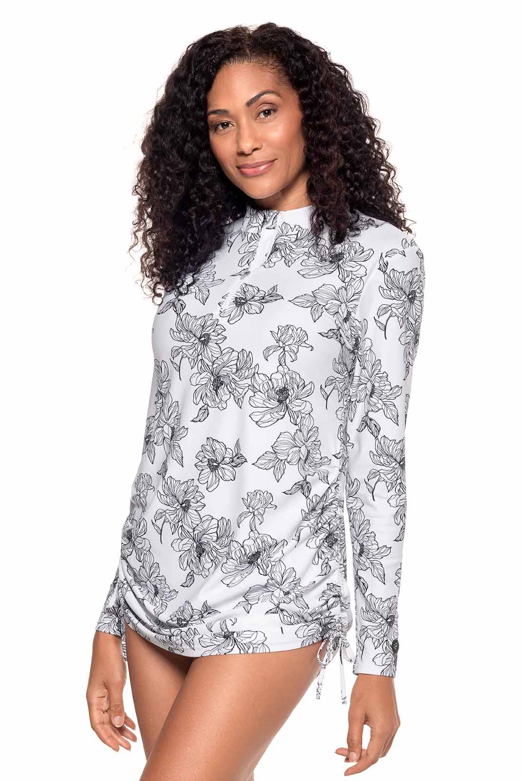 Women's Key Biscayne Ruche Swim Top | White/Black Perfect Peony