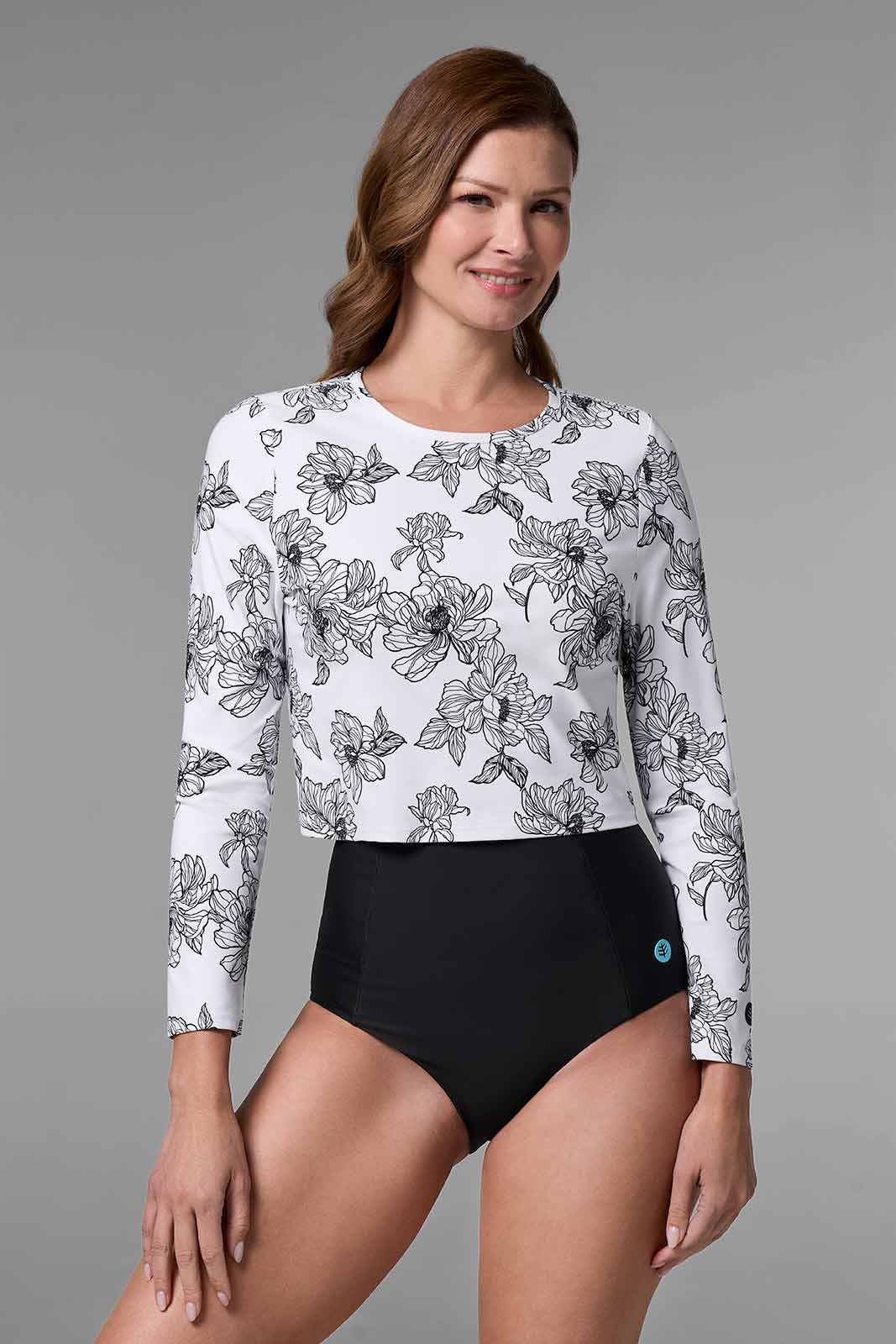 Women's Ocean Drive Cropped Rash Guard | White/Black Perfect Peony
