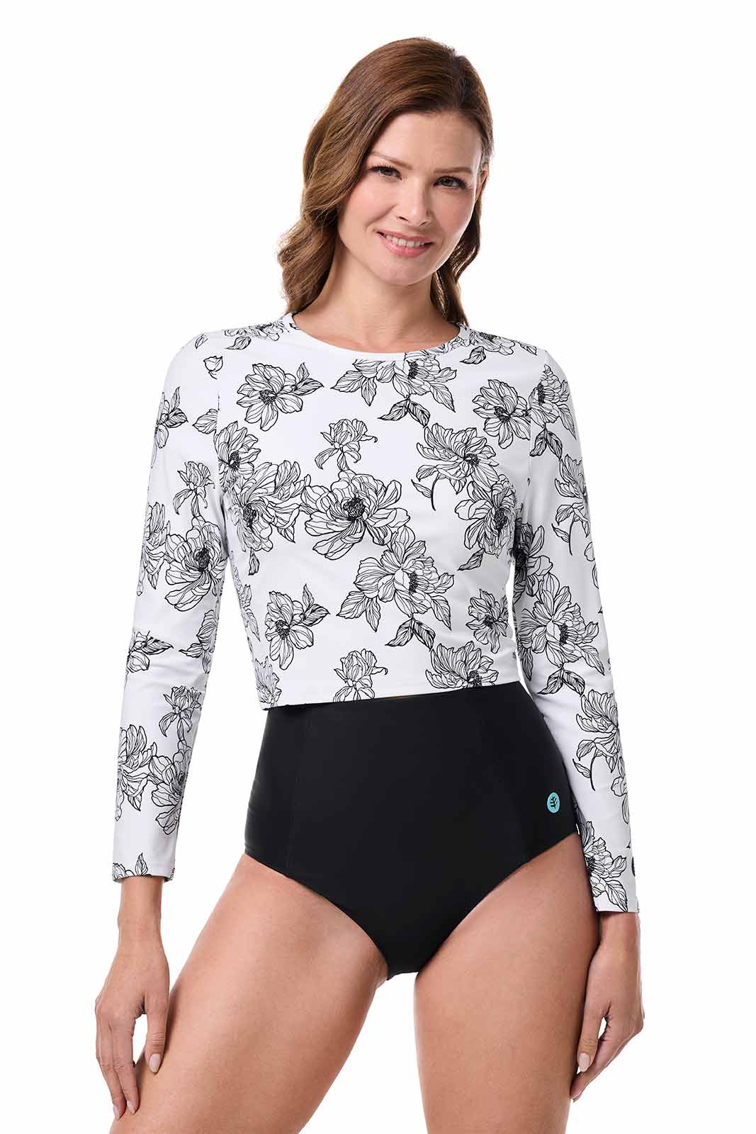 Women's Ocean Drive Cropped Rash Guard | White/Black Perfect Peony