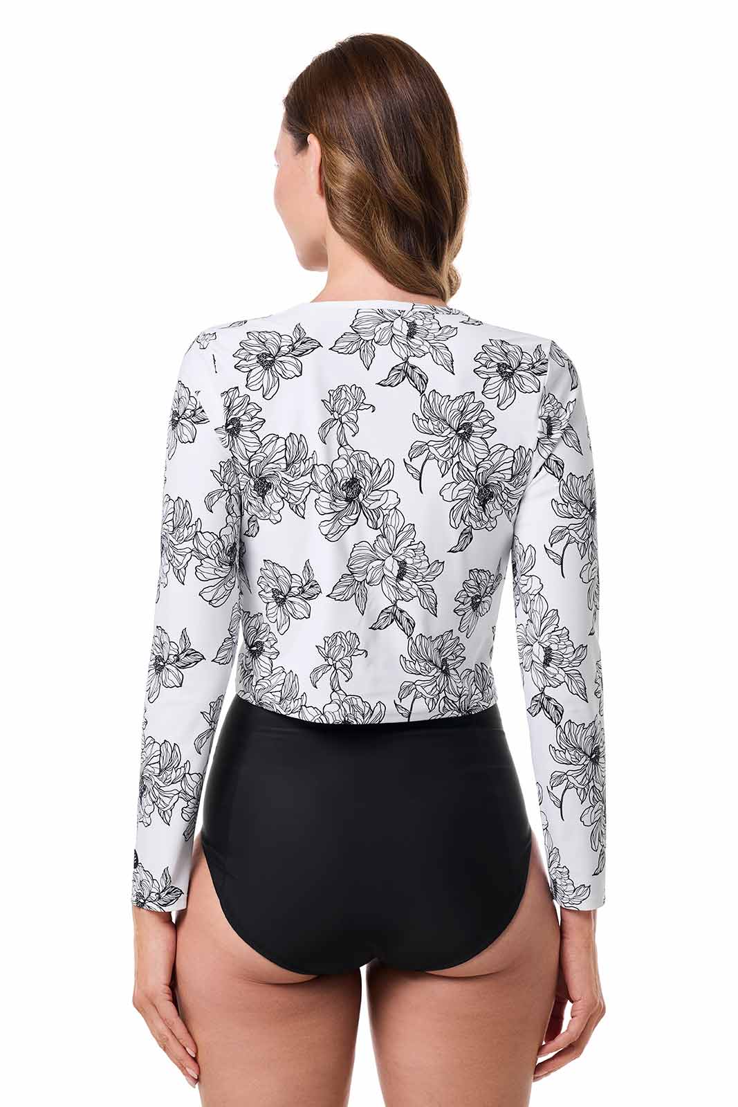 Women's Ocean Drive Cropped Rash Guard | White/Black Perfect Peony