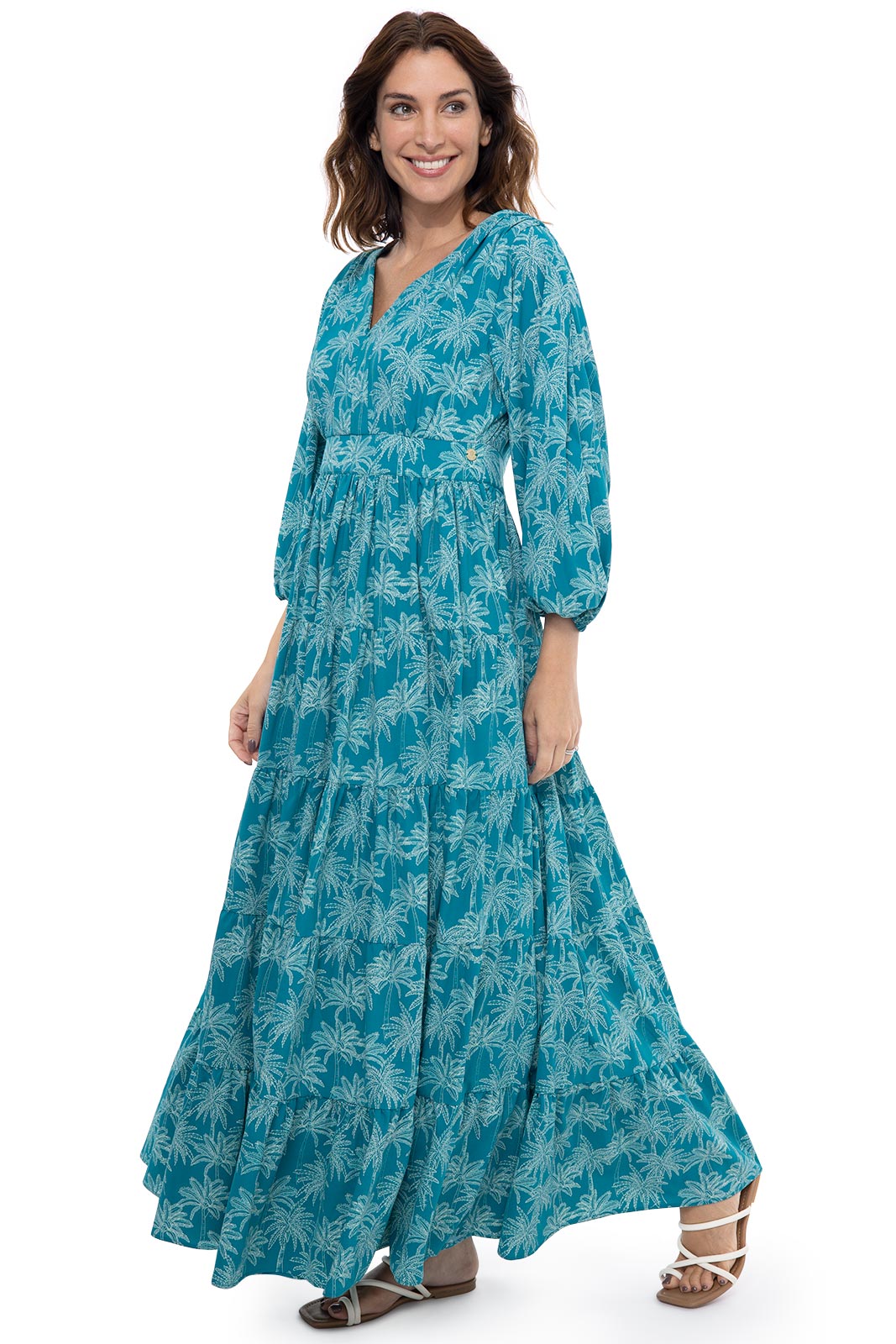Women's Palm Beach Tiered Maxi Dress | Tahitian Teal Swaying Palms