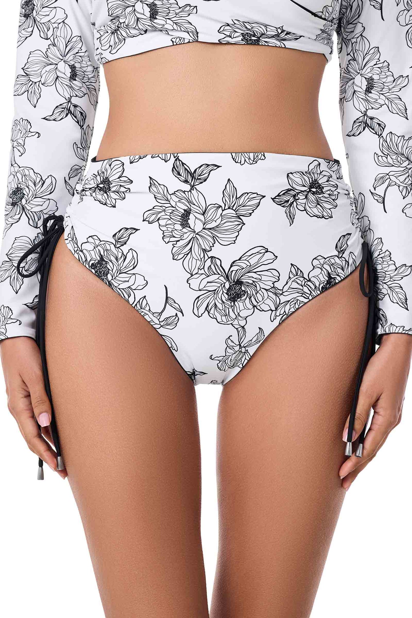 Women's Myrtle Reversible Ruche Adjustable Swim Bottoms | White/Black Perfect Peony