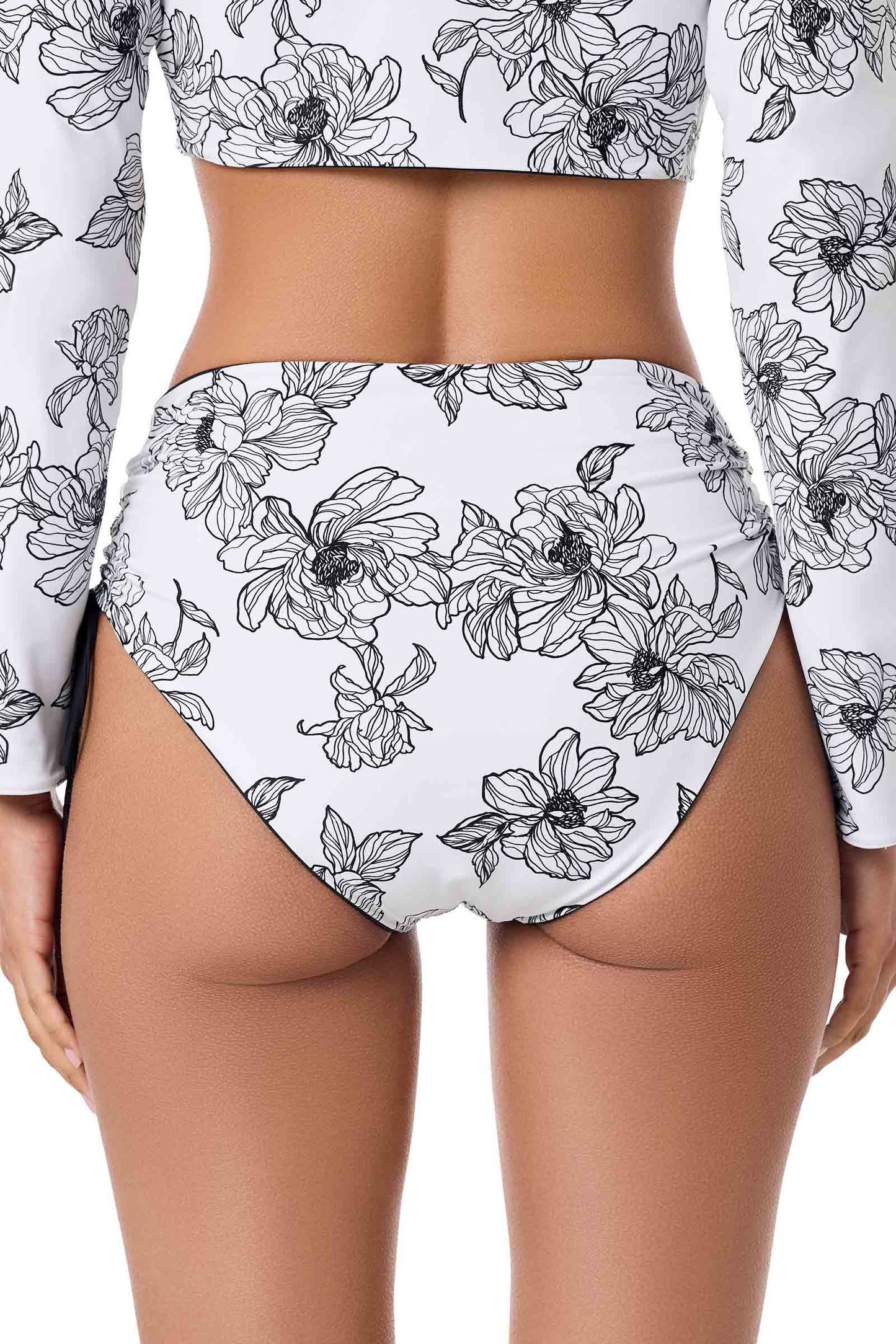 Women's Myrtle Reversible Ruche Adjustable Swim Bottoms | White/Black Perfect Peony