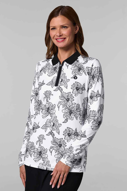 Women's Victory Lap Long Sleeved Golf Polo | White/Black Perfect Peony
