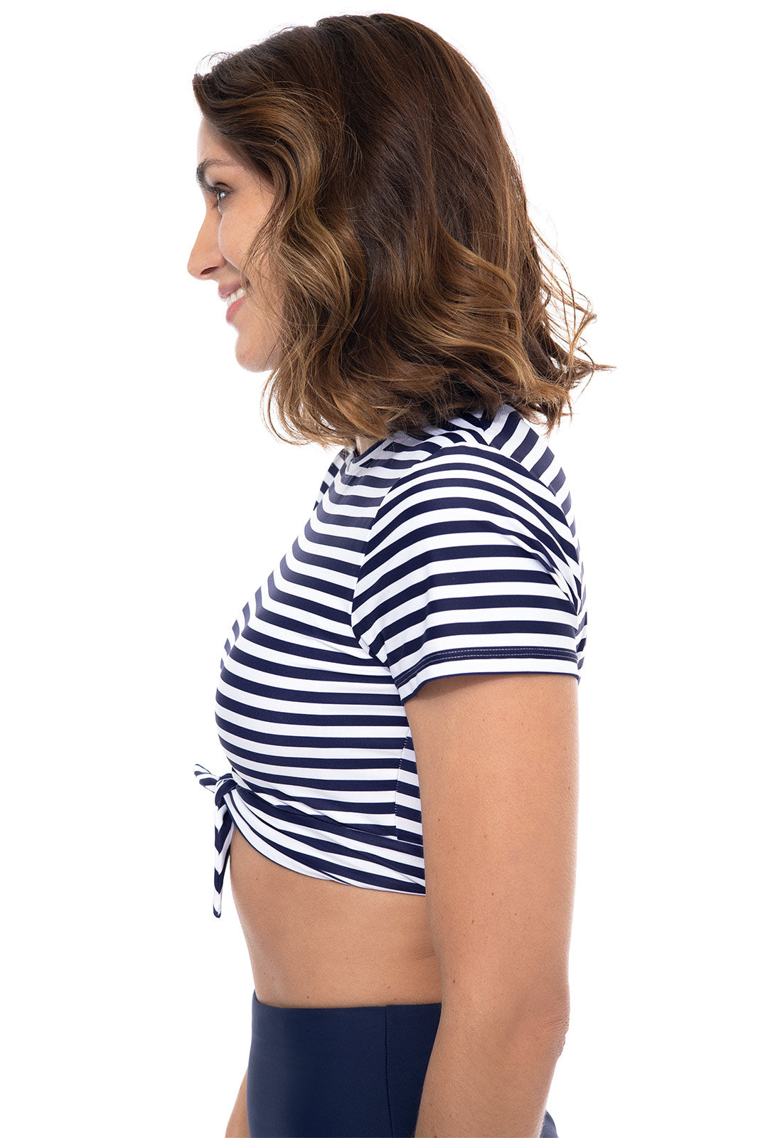 Women's Hibiscus Island Crop Swim T-Shirt | White/Navy Stripe