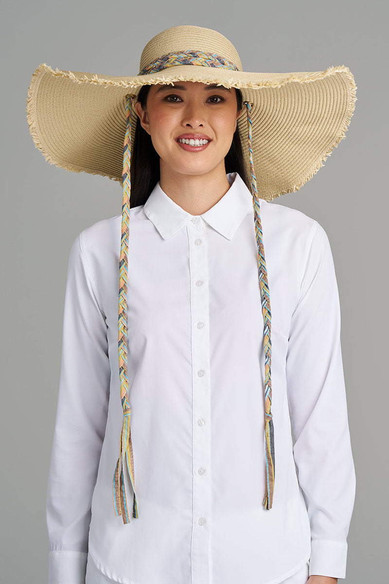 Women's Palm Coast Large Brim Floppy Sun hat w Braided Chi | Natural