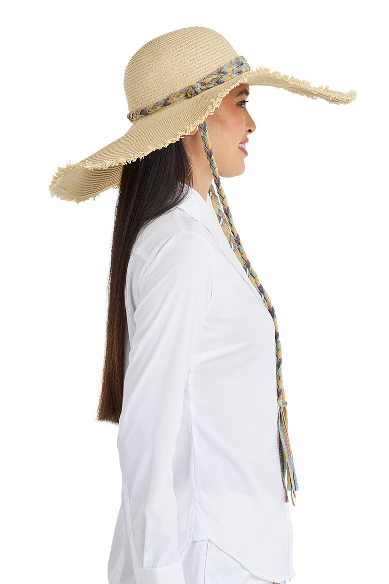 Women's Palm Coast Large Brim Floppy Sun hat w Braided Chi | Natural